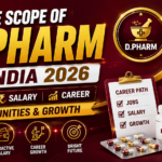 Future Scope of D.Pharm in India 2026 thumbnail featuring bold golden text, career growth chart, salary symbol, medicine bottle, capsules, and icons representing jobs, salary, opportunities, and career growth.