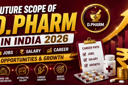Future Scope of D.Pharm in India 2026 thumbnail featuring bold golden text, career growth chart, salary symbol, medicine bottle, capsules, and icons representing jobs, salary, opportunities, and career growth.
