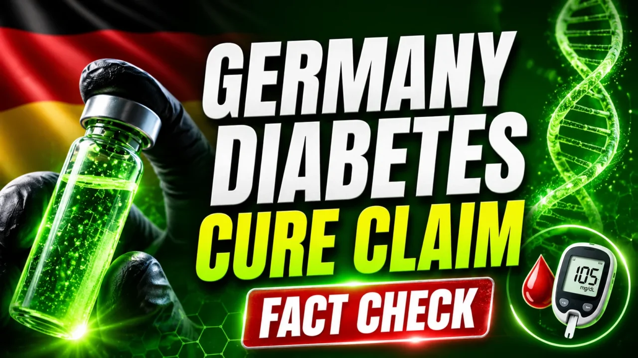 Germany Diabetes Cure Claim Fact Check thumbnail featuring a glowing green medical vial, Germany flag background, DNA helix, blood glucose meter, and bold fact-check headline.