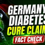 Germany Diabetes Cure Claim Fact Check thumbnail featuring a glowing green medical vial, Germany flag background, DNA helix, blood glucose meter, and bold fact-check headline.