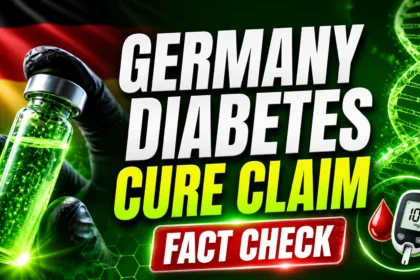 Germany Diabetes Cure Claim Fact Check thumbnail featuring a glowing green medical vial, Germany flag background, DNA helix, blood glucose meter, and bold fact-check headline.