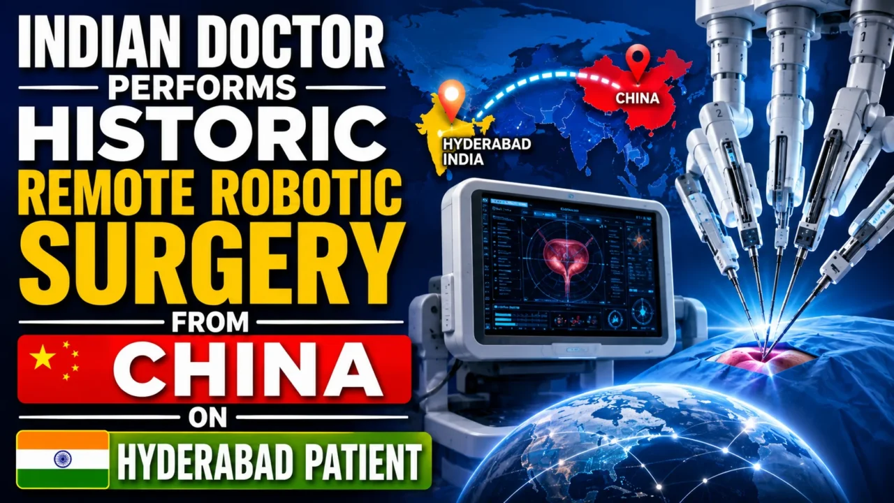YouTube thumbnail showing a robotic surgery setup with advanced surgical robot arms operating on a patient. A digital world map highlights a connection between China and India, emphasizing a historic remote robotic surgery. Large bold text reads: "INDIAN DOCTOR PERFORMS HISTORIC REMOTE ROBOTIC SURGERY FROM CHINA ON HYDERABAD PATIENT."