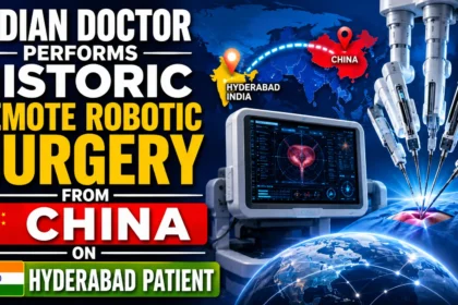 YouTube thumbnail showing a robotic surgery setup with advanced surgical robot arms operating on a patient. A digital world map highlights a connection between China and India, emphasizing a historic remote robotic surgery. Large bold text reads: "INDIAN DOCTOR PERFORMS HISTORIC REMOTE ROBOTIC SURGERY FROM CHINA ON HYDERABAD PATIENT."