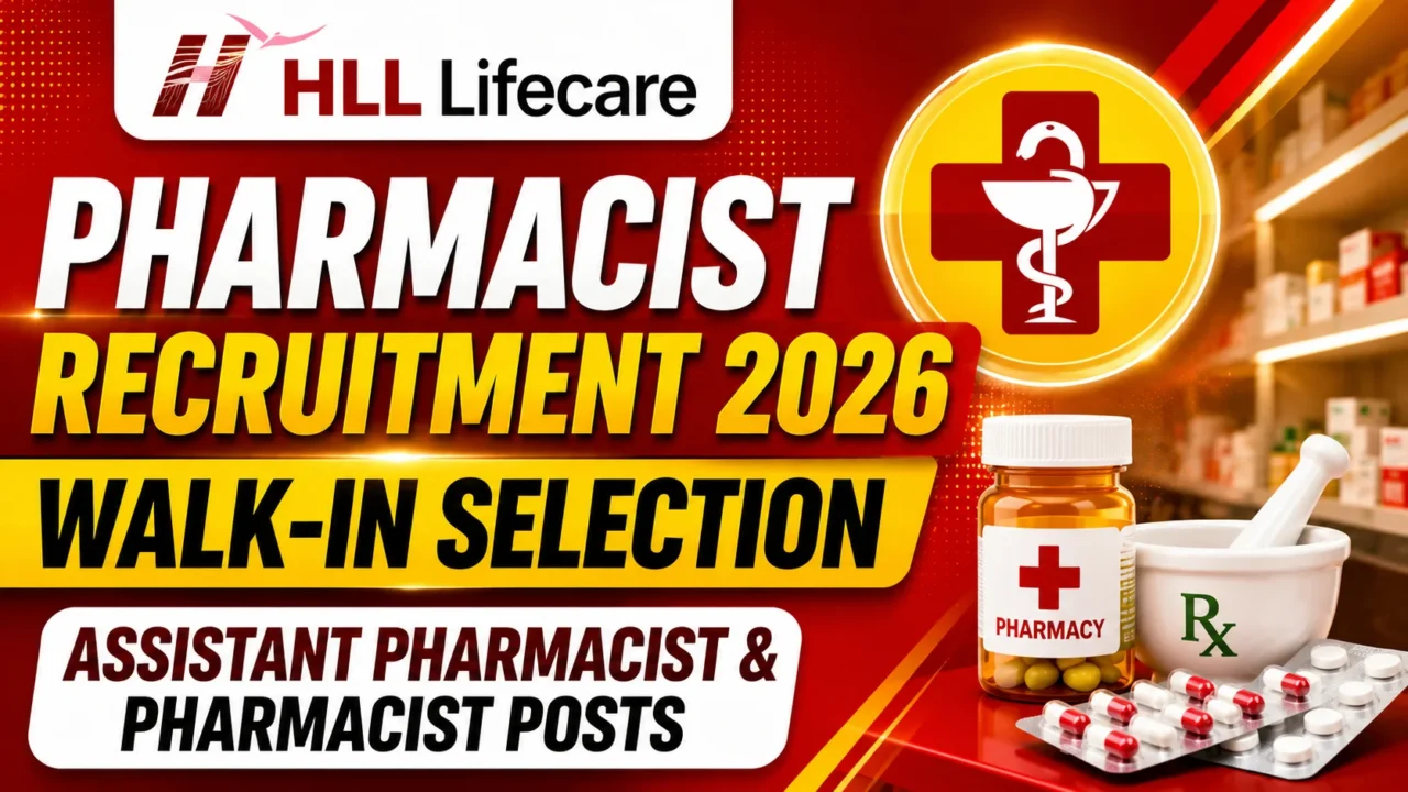 HLL Lifecare Pharmacist Recruitment 2026 walk-in selection thumbnail featuring pharmacy-themed graphics, medical cross symbol, medicine bottle, capsules, and retail pharmacy background in vibrant red and yellow colors.