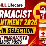HLL Lifecare Pharmacist Recruitment 2026 walk-in selection thumbnail featuring pharmacy-themed graphics, medical cross symbol, medicine bottle, capsules, and retail pharmacy background in vibrant red and yellow colors.