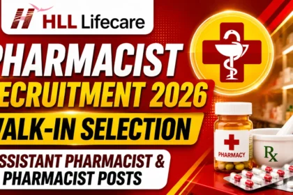 HLL Lifecare Pharmacist Recruitment 2026 walk-in selection thumbnail featuring pharmacy-themed graphics, medical cross symbol, medicine bottle, capsules, and retail pharmacy background in vibrant red and yellow colors.