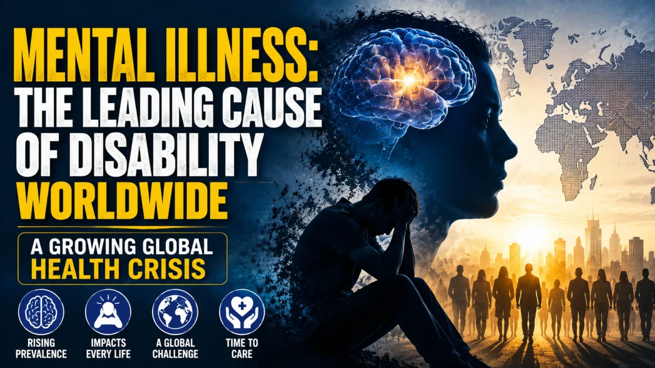 YouTube thumbnail highlighting the global mental health crisis, featuring a distressed individual, a glowing brain inside a human silhouette, a world map, and the headline “Mental Illness: The Leading Cause of Disability Worldwide”.