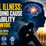YouTube thumbnail highlighting the global mental health crisis, featuring a distressed individual, a glowing brain inside a human silhouette, a world map, and the headline “Mental Illness: The Leading Cause of Disability Worldwide”.