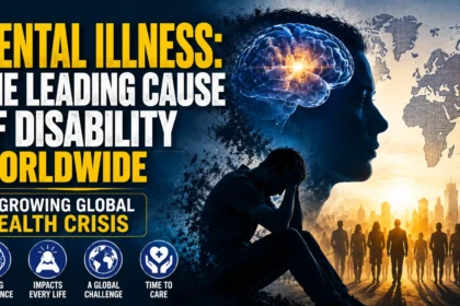 YouTube thumbnail highlighting the global mental health crisis, featuring a distressed individual, a glowing brain inside a human silhouette, a world map, and the headline “Mental Illness: The Leading Cause of Disability Worldwide”.