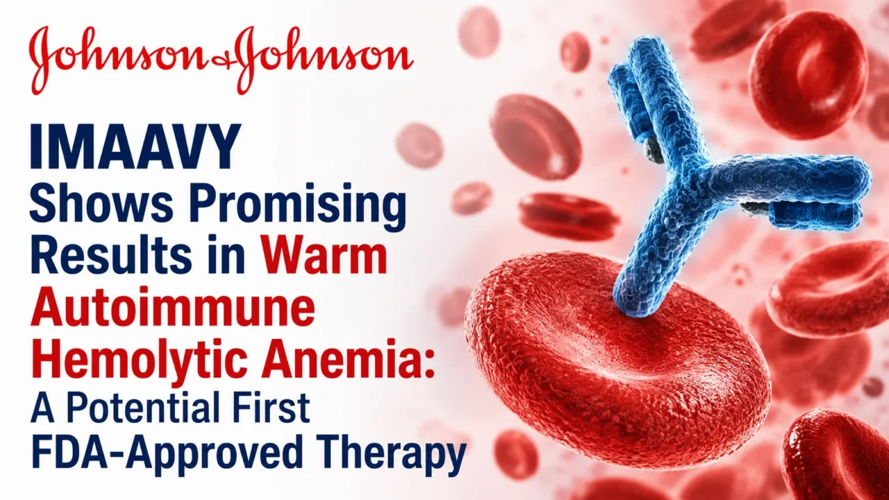 Medical thumbnail showing red blood cells and a therapeutic antibody representing Johnson & Johnson’s IMAAVY treatment for warm autoimmune hemolytic anemia.