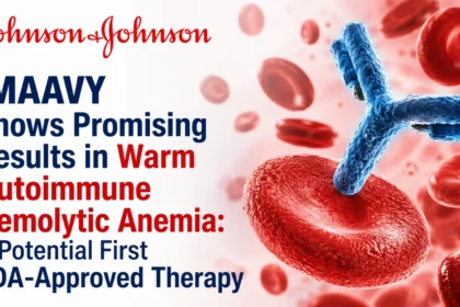 Medical thumbnail showing red blood cells and a therapeutic antibody representing Johnson & Johnson’s IMAAVY treatment for warm autoimmune hemolytic anemia.