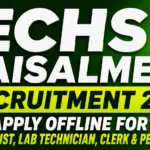 ECHS Jaisalmer Recruitment 2026 thumbnail with green gradient background highlighting offline applications for Pharmacist, Lab Technician, Clerk, and Peon posts.