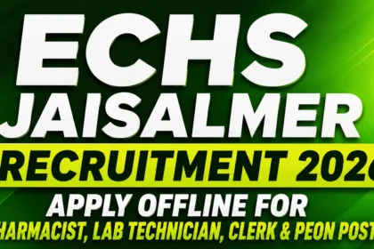 ECHS Jaisalmer Recruitment 2026 thumbnail with green gradient background highlighting offline applications for Pharmacist, Lab Technician, Clerk, and Peon posts.
