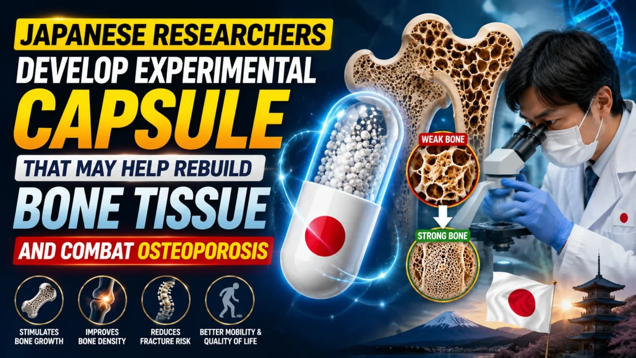 Japanese researchers developing an experimental capsule for bone regeneration and osteoporosis treatment, featuring bone tissue, capsule medicine, and laboratory research.