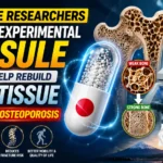Japanese researchers developing an experimental capsule for bone regeneration and osteoporosis treatment, featuring bone tissue, capsule medicine, and laboratory research.