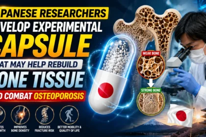 Japanese researchers developing an experimental capsule for bone regeneration and osteoporosis treatment, featuring bone tissue, capsule medicine, and laboratory research.