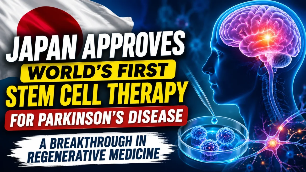 Medical news thumbnail showing Japan’s flag, stem cells in a laboratory dish, a glowing human brain, and Parkinson’s disease research highlighting the world’s first approved stem cell therapy.