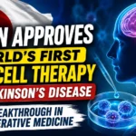 Medical news thumbnail showing Japan’s flag, stem cells in a laboratory dish, a glowing human brain, and Parkinson’s disease research highlighting the world’s first approved stem cell therapy.