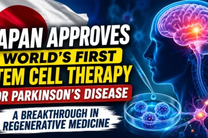 Medical news thumbnail showing Japan’s flag, stem cells in a laboratory dish, a glowing human brain, and Parkinson’s disease research highlighting the world’s first approved stem cell therapy.