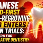 Thumbnail showcasing Japan’s world-first tooth-regrowing drug entering human trials, featuring a glowing human tooth, regenerative dentistry concept, Japanese cultural elements, and futuristic medical research visuals in vibrant red, orange, and gold tones.