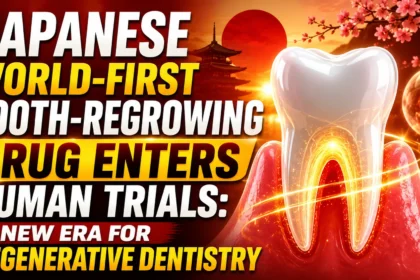 Thumbnail showcasing Japan’s world-first tooth-regrowing drug entering human trials, featuring a glowing human tooth, regenerative dentistry concept, Japanese cultural elements, and futuristic medical research visuals in vibrant red, orange, and gold tones.