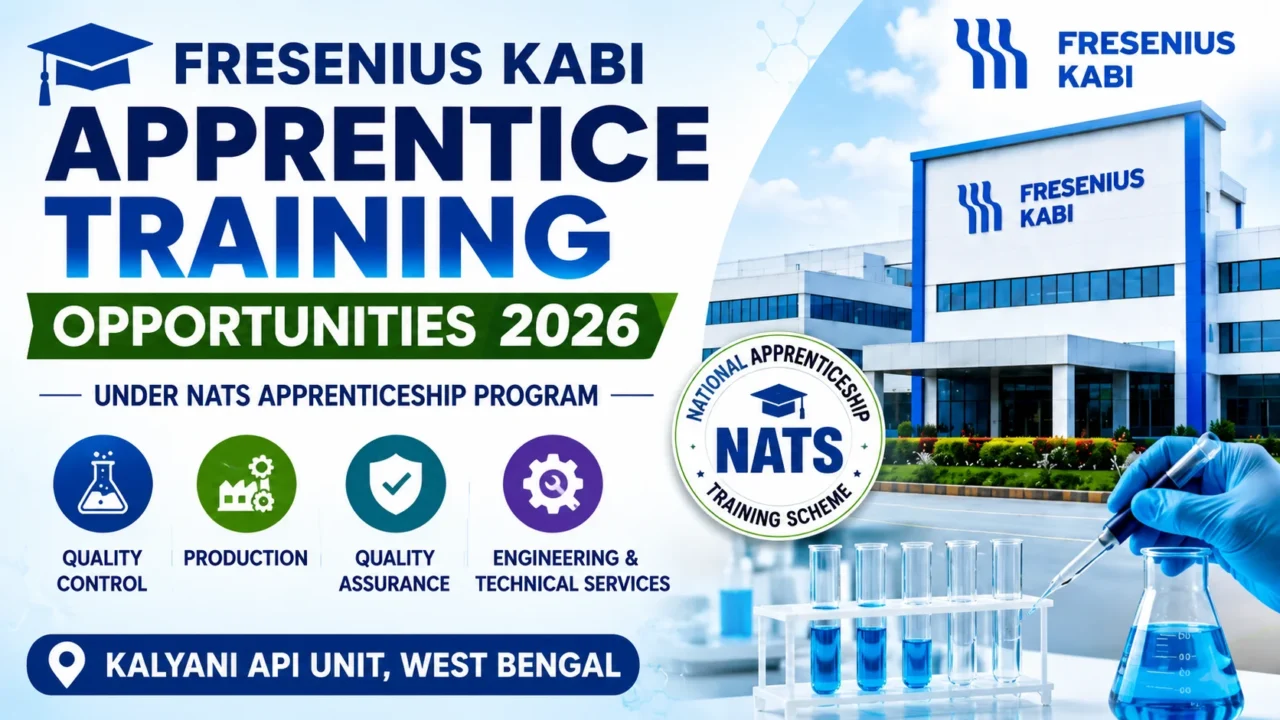 Fresenius Kabi Apprentice Training Opportunities 2026 banner featuring NATS apprenticeship program details, pharmaceutical laboratory equipment, manufacturing facility, and career opportunities in West Bengal.
