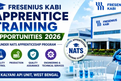 Fresenius Kabi Apprentice Training Opportunities 2026 banner featuring NATS apprenticeship program details, pharmaceutical laboratory equipment, manufacturing facility, and career opportunities in West Bengal.