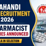 Kalahandi NHM Recruitment 2026 thumbnail featuring 9 Pharmacist vacancies announced with walk-in selection, NHM and Odisha Government logos, and pharmacy-related medicines and capsules in the background.