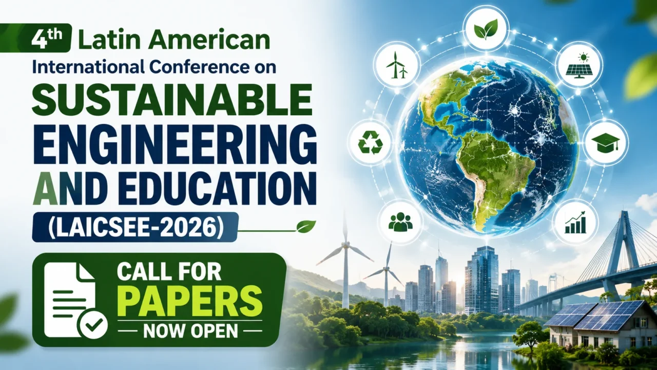 Conference banner for the 4th Latin American International Conference on Sustainable Engineering and Education (LAICSEE-2026), featuring sustainability concepts, renewable energy, global innovation, engineering, education, and environmental development.