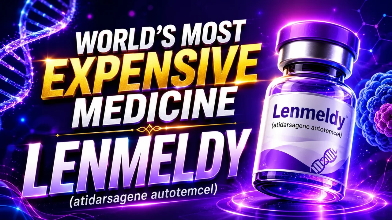 YouTube thumbnail featuring the world's most expensive medicine, Lenmeldy (atidarsagene autotemcel), with a futuristic purple biotech background, glowing DNA strands, and a large medicine vial. Bold gold and white typography highlights the groundbreaking gene therapy.