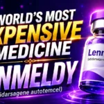 YouTube thumbnail featuring the world's most expensive medicine, Lenmeldy (atidarsagene autotemcel), with a futuristic purple biotech background, glowing DNA strands, and a large medicine vial. Bold gold and white typography highlights the groundbreaking gene therapy.
