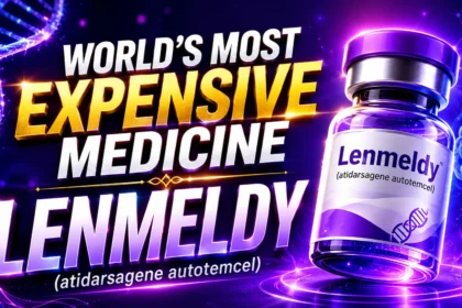 YouTube thumbnail featuring the world's most expensive medicine, Lenmeldy (atidarsagene autotemcel), with a futuristic purple biotech background, glowing DNA strands, and a large medicine vial. Bold gold and white typography highlights the groundbreaking gene therapy.