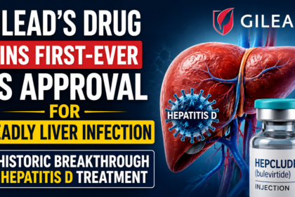 Thumbnail highlighting Gilead’s first-ever US FDA-approved drug for Hepatitis D treatment, featuring a diseased liver, Hepatitis D virus illustration, Hepcludex (bulevirtide) injection vial, and bold medical news headline on a blue healthcare-themed background.