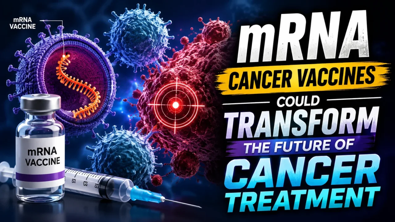 Medical thumbnail showing mRNA vaccine technology targeting cancer cells, featuring vaccine vial, syringe, RNA structure, immune cells, and cancer treatment concept.