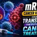 Medical thumbnail showing mRNA vaccine technology targeting cancer cells, featuring vaccine vial, syringe, RNA structure, immune cells, and cancer treatment concept.