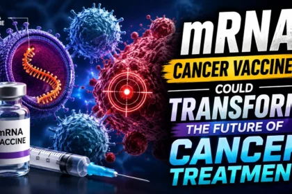 Medical thumbnail showing mRNA vaccine technology targeting cancer cells, featuring vaccine vial, syringe, RNA structure, immune cells, and cancer treatment concept.