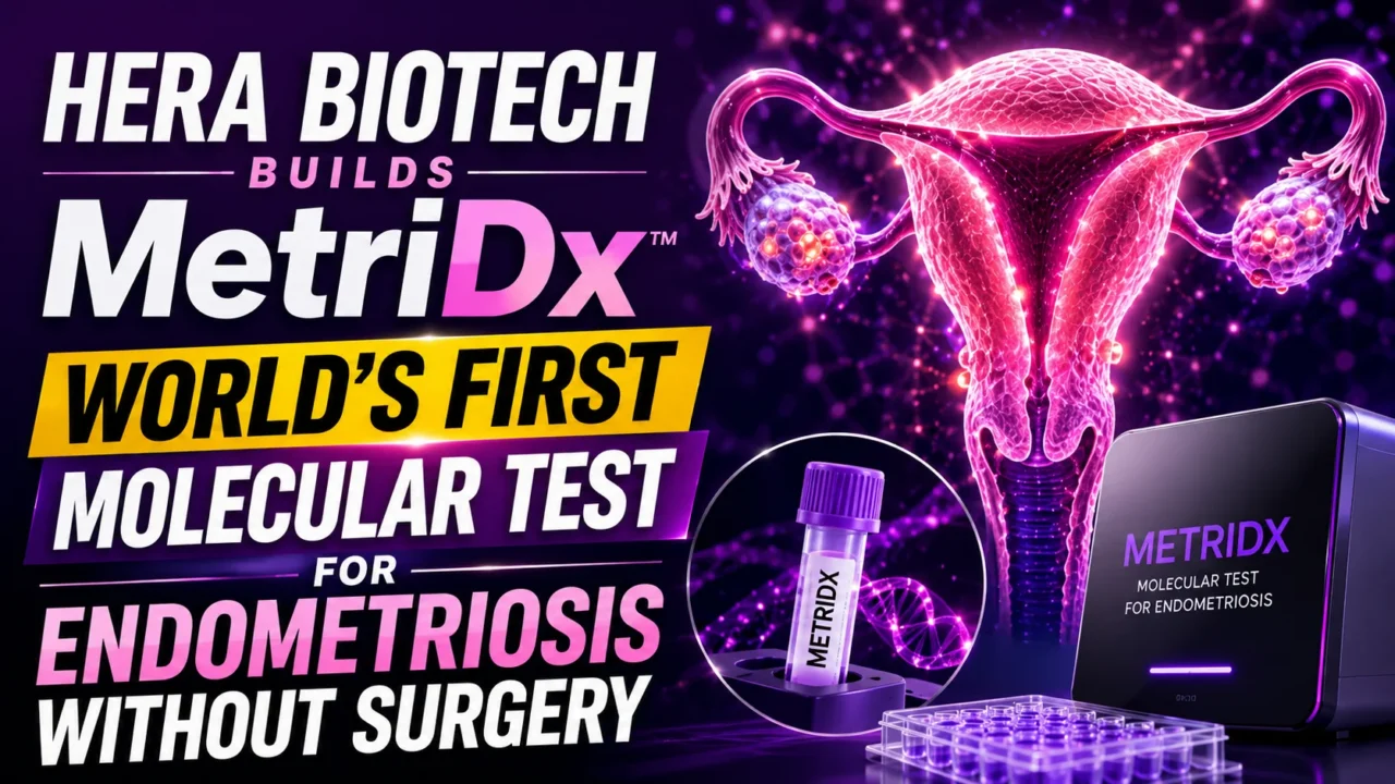 YouTube thumbnail highlighting Hera Biotech's MetriDx innovation, featuring a glowing uterus illustration, molecular diagnostics equipment, biotechnology testing kit, and bold text announcing the world's first molecular test for endometriosis without surgery.