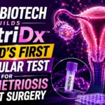 YouTube thumbnail highlighting Hera Biotech's MetriDx innovation, featuring a glowing uterus illustration, molecular diagnostics equipment, biotechnology testing kit, and bold text announcing the world's first molecular test for endometriosis without surgery.