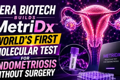 YouTube thumbnail highlighting Hera Biotech's MetriDx innovation, featuring a glowing uterus illustration, molecular diagnostics equipment, biotechnology testing kit, and bold text announcing the world's first molecular test for endometriosis without surgery.