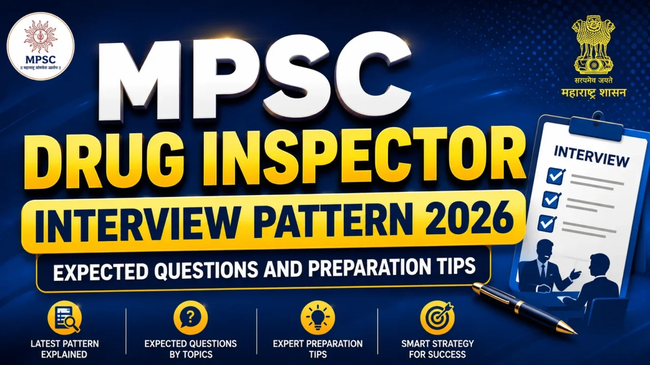 MPSC Drug Inspector Interview Pattern 2026 thumbnail featuring a blue background, yellow gradient text, MPSC and Maharashtra Government logos, interview checklist, and preparation tips.
