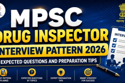 MPSC Drug Inspector Interview Pattern 2026 thumbnail featuring a blue background, yellow gradient text, MPSC and Maharashtra Government logos, interview checklist, and preparation tips.