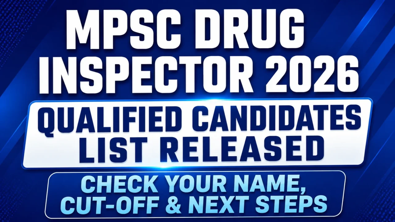 Blue-themed MPSC Drug Inspector 2026 result thumbnail featuring bold typography announcing the qualified candidates list release and highlighting name check, cut-off marks, and next steps.