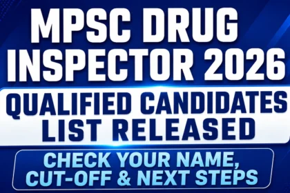 Blue-themed MPSC Drug Inspector 2026 result thumbnail featuring bold typography announcing the qualified candidates list release and highlighting name check, cut-off marks, and next steps.