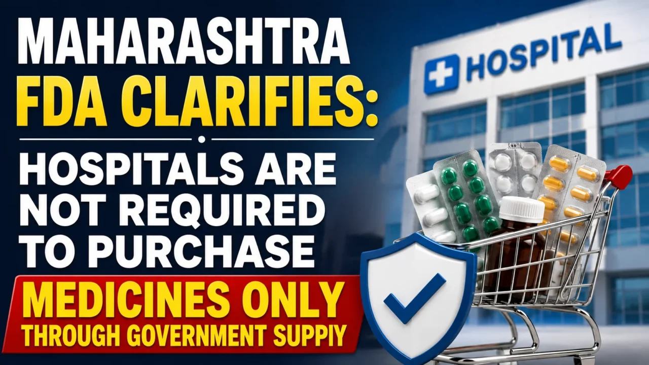 YouTube thumbnail about Maharashtra FDA clarification stating that hospitals are not required to purchase medicines only through government supply, featuring a hospital building, medicine cart, and shield icon.