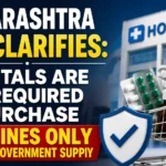 YouTube thumbnail about Maharashtra FDA clarification stating that hospitals are not required to purchase medicines only through government supply, featuring a hospital building, medicine cart, and shield icon.
