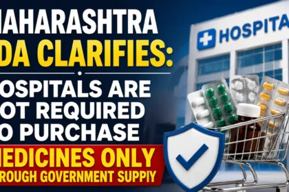 YouTube thumbnail about Maharashtra FDA clarification stating that hospitals are not required to purchase medicines only through government supply, featuring a hospital building, medicine cart, and shield icon.