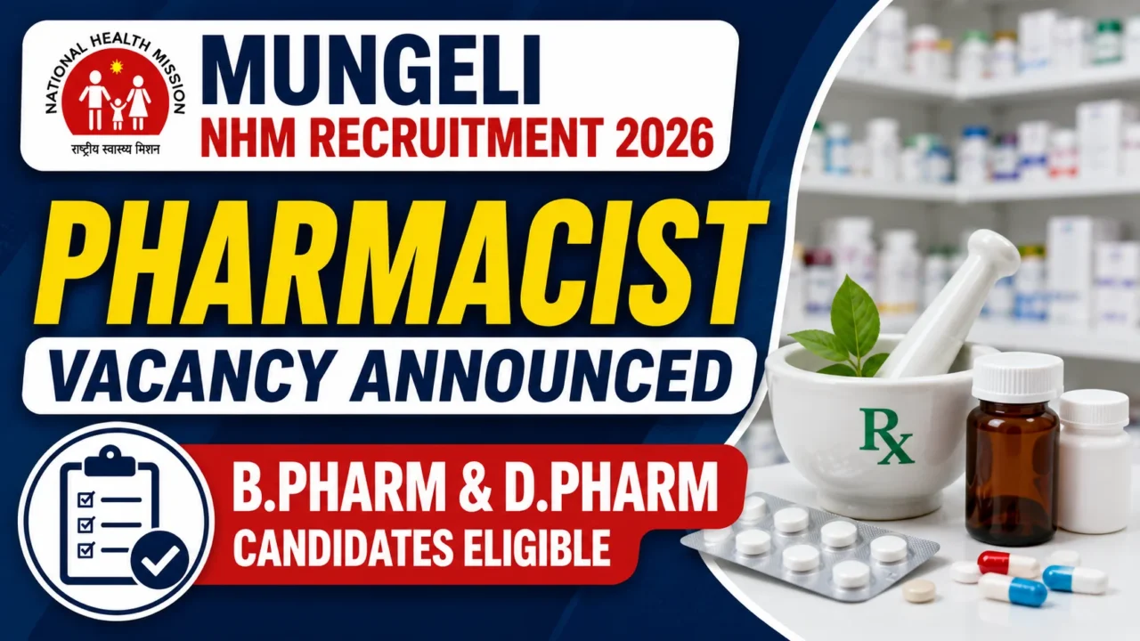 YouTube thumbnail for Mungeli NHM Recruitment 2026 Pharmacist Vacancy featuring pharmacy medicines, mortar and pestle, capsules, NHM logo, and eligibility information for B.Pharm and D.Pharm candidates.