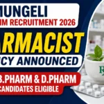 YouTube thumbnail for Mungeli NHM Recruitment 2026 Pharmacist Vacancy featuring pharmacy medicines, mortar and pestle, capsules, NHM logo, and eligibility information for B.Pharm and D.Pharm candidates.