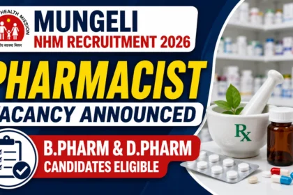 YouTube thumbnail for Mungeli NHM Recruitment 2026 Pharmacist Vacancy featuring pharmacy medicines, mortar and pestle, capsules, NHM logo, and eligibility information for B.Pharm and D.Pharm candidates.