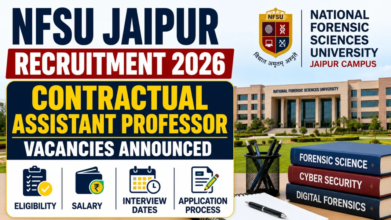 NFSU Jaipur Recruitment 2026 thumbnail featuring the National Forensic Sciences University Jaipur campus, Assistant Professor recruitment announcement, forensic science books, and academic hiring highlights.